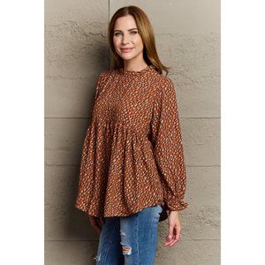 Ruffle Polka Dot Printed Blouse Top Flounce Sleeves Mock Neck Shirring Details